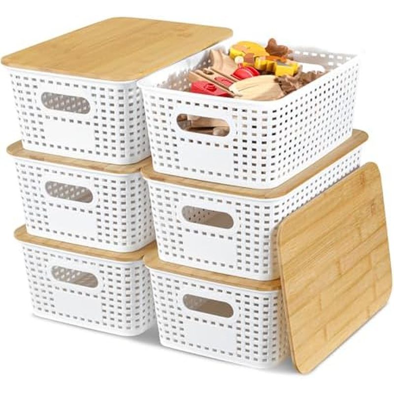 EOENVIVS Storage Bins with Lids 6 Pack, Plastic Storage Basket with Bamboo Lids for Pantry Organizat