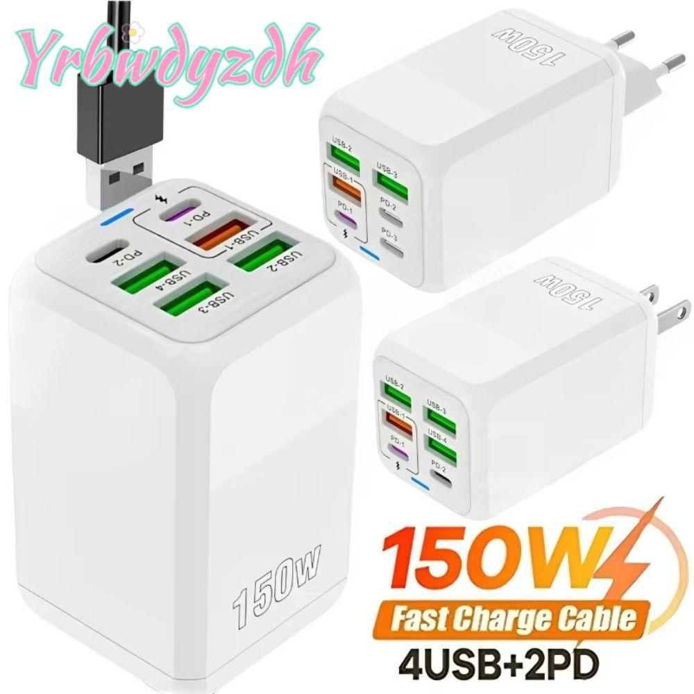 YRBWDYZDH 150W ปลั๊กชาร์จ, USB A+C PD QC3.0 อะแดปเตอร์ชาร์จโทรศัพท์, Fast Charging 6 พอร์ต EU/US/UK USB C Charger สําหรับ //