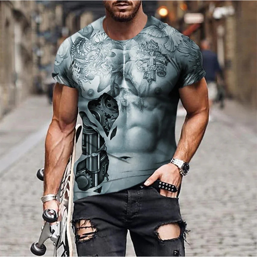 กล้ามเนื้อผู้ชายรูป T เสื้อตลก 3D ปลอม Abs Tattoo พิมพ์แขนสั้นเสื้อยืดออกกําลังกายกลางแจ้งวิ่งกีฬาเส