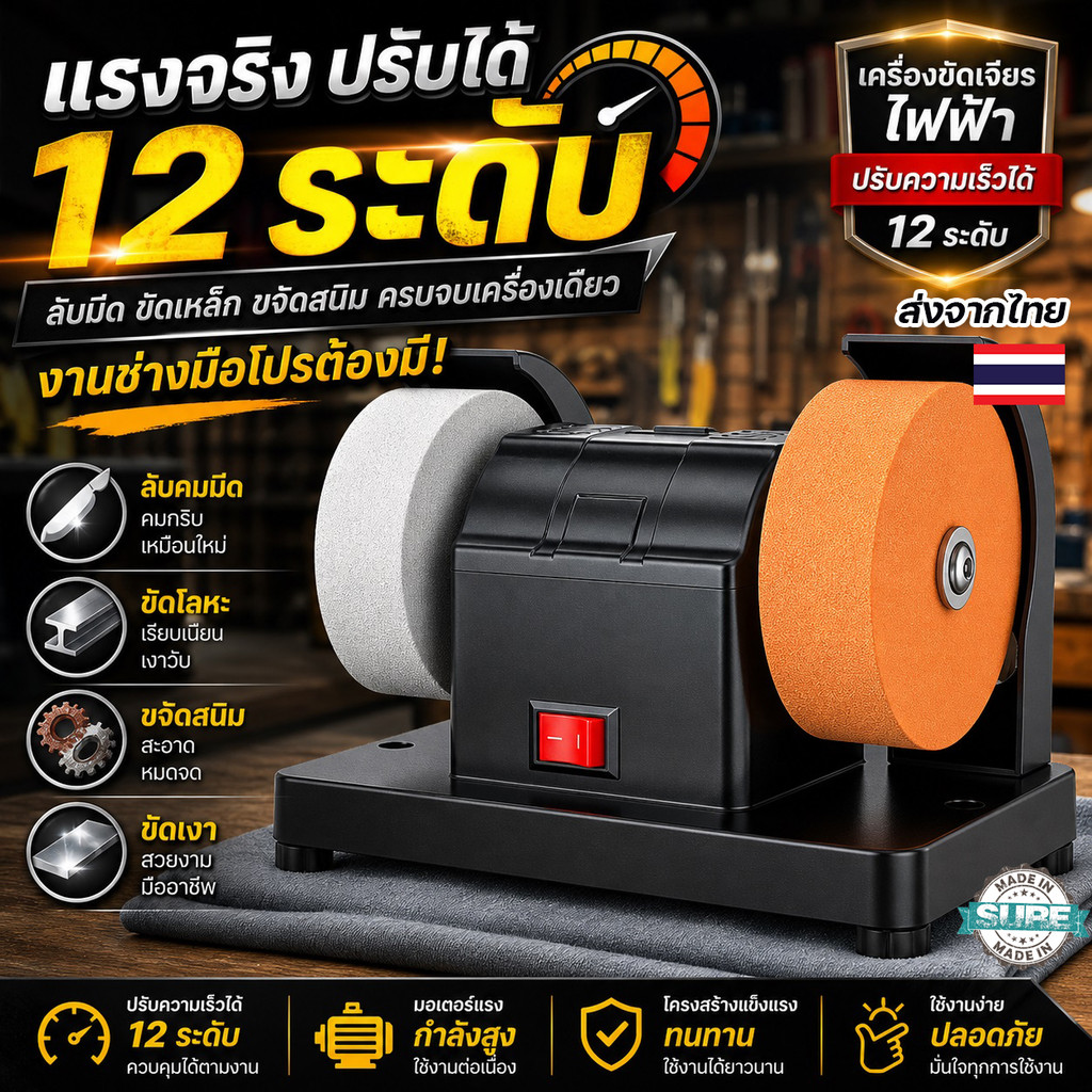 เครื่องเจียรลับมีด ปรับความเร็ว 12 ระดับ สำหรับขัดเงา ขัดโลหะ เอาสนิม ใช้งานง่าย แข็งแรง เหมาะกับงานช่างทั่วไป