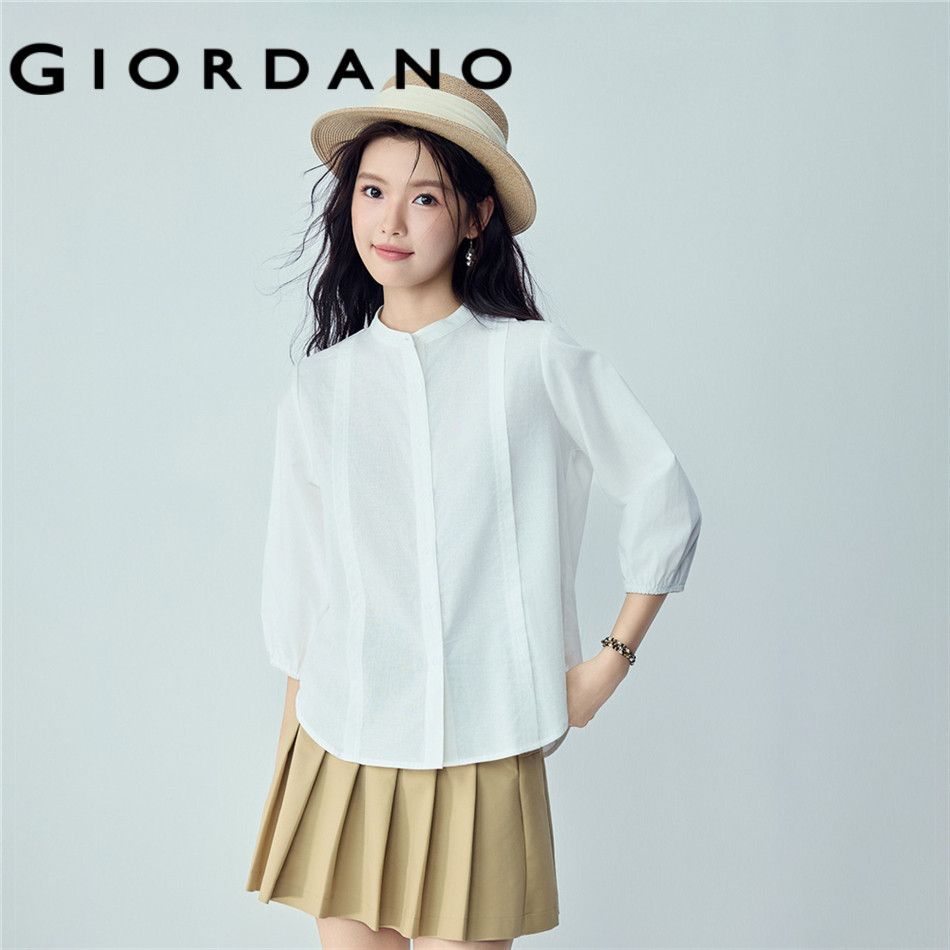 GIORDANO WOMEN Cotton linen band collar 3/4 sleeve shirt 13346464