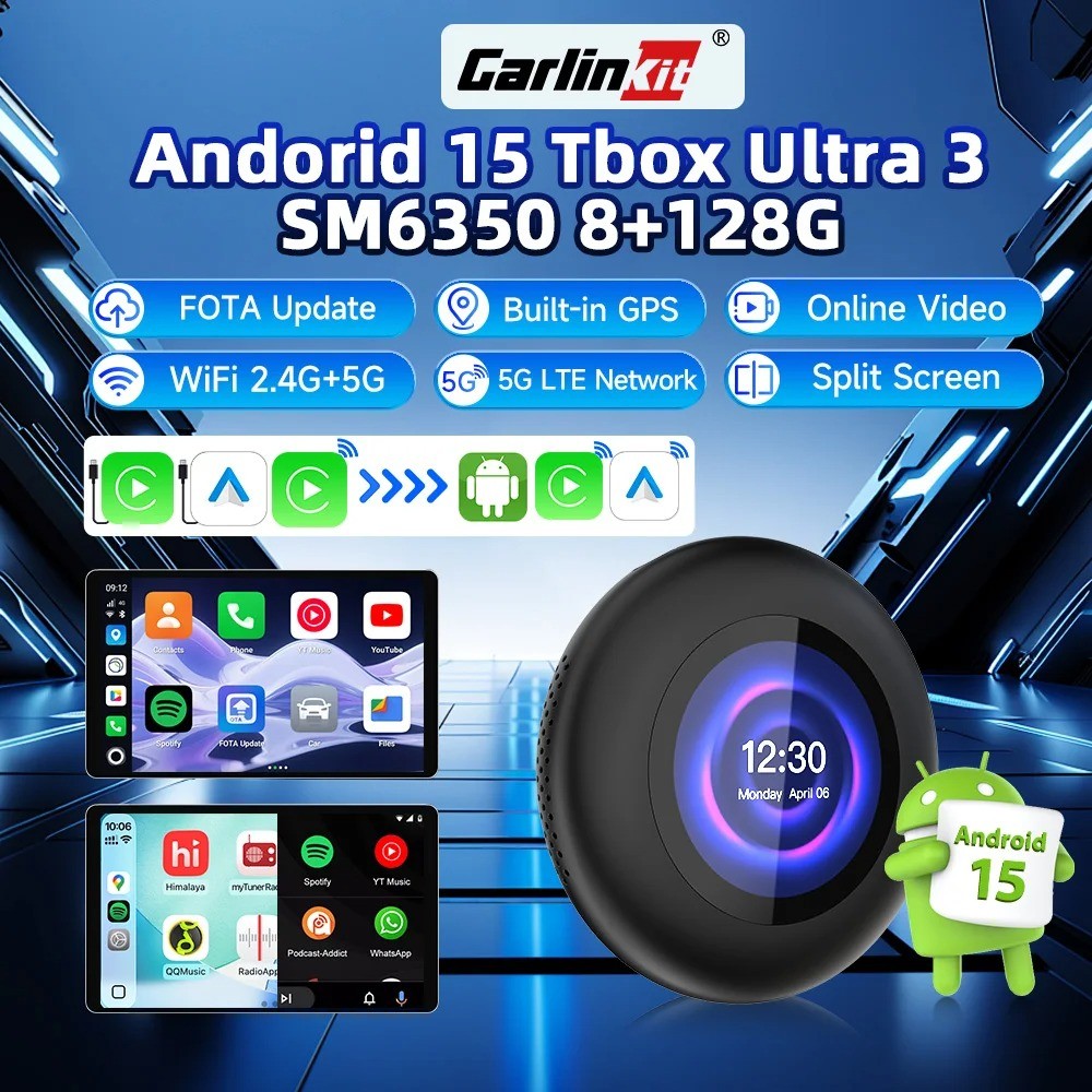 CarlinKit 5G LTE Android 15 AI Box Tbox-Ultra3 WiFi6 SM6350 8-Core Wireless Android Auto CarPlay หน้