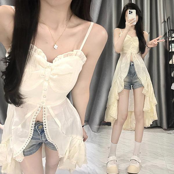 mimi&didi[สินค้าพร้อมส่ง]เดรสเอวสูงสุดหรูสวยงาม ดีไซน์ชายกระโปรงระบาย เหมาะสำหรับใส่ไปทะเลในฤดูร้อน#99420