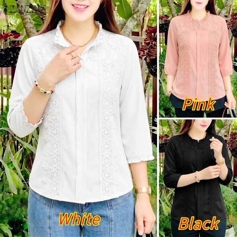 ZANZEA เสื้อลูกไม้คอกลม 3/4 สําหรับผู้หญิงเกาหลี — صورة 3