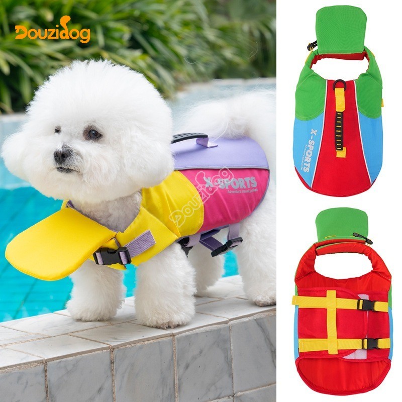 Douzidog เสื้อชูชีพสุนัขฤดูร้อน Traction ชุดว่ายน้ําแบบพกพาสุนัขขนาดเล็กขนาดกลางแมวทุ่มเท