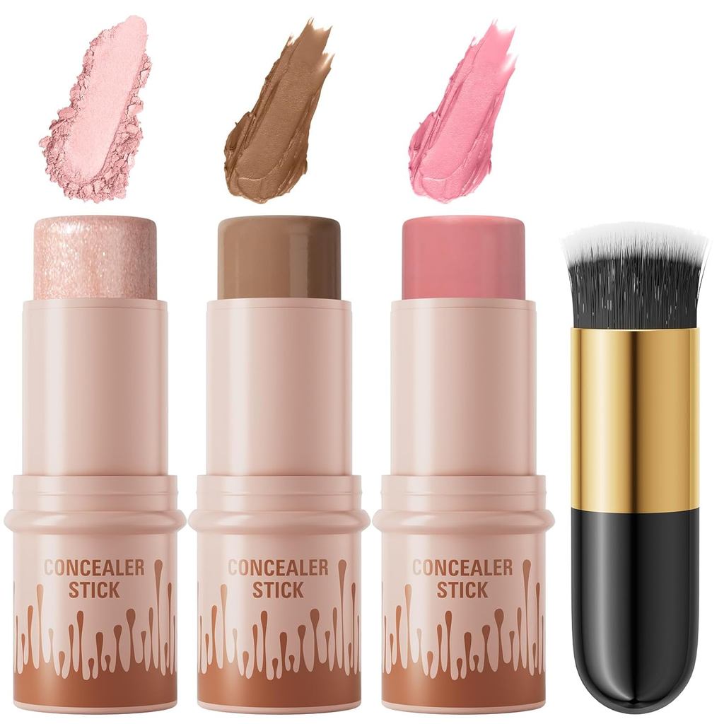 3 ชิ้นครีม Contour Sticks Kit, Highlighter Stick Blush Stick ครีม Contour ชุดแต่งหน้าแปรง,Face Brigh