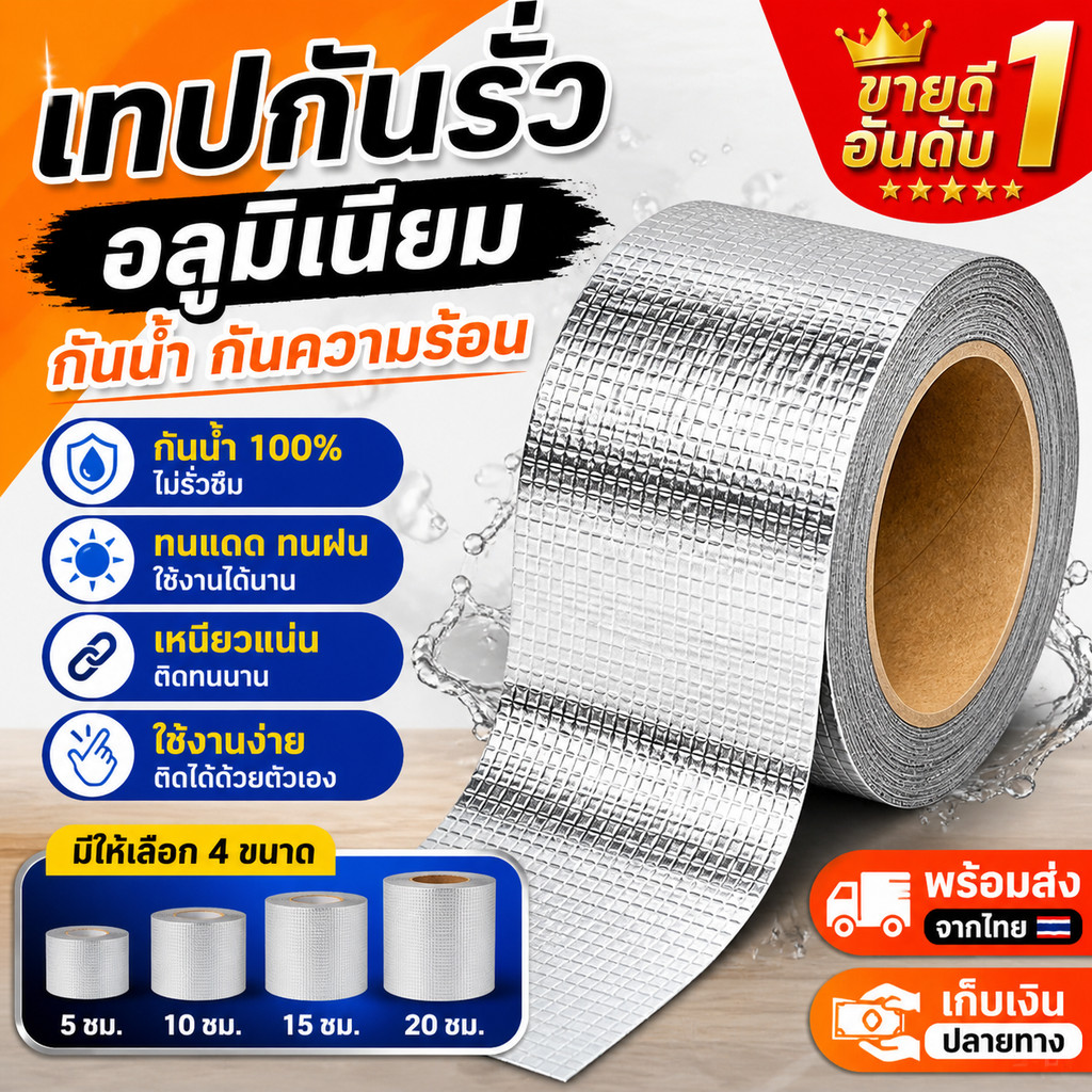 เทปกาวกันน้ำ เทปกาวทิวบิล เทปกาว อะลูมิเนียมฟอยล์ กันน้ำ เทปกันน้ำกันการรั่วซึมคุณภาพดี  เทปกันรั่ว กันน้ำยาว 5เมตร