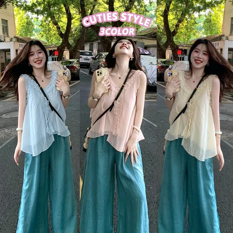 👚Anna_fashion👚เสื้อแขนกุดคอวีทรงน่ารัก ตกแต่งด้วยระบาย เสื้อกล้ามแขนกุดสำหรับฤดูร้อน ผ้าเนื้อเบา 99412