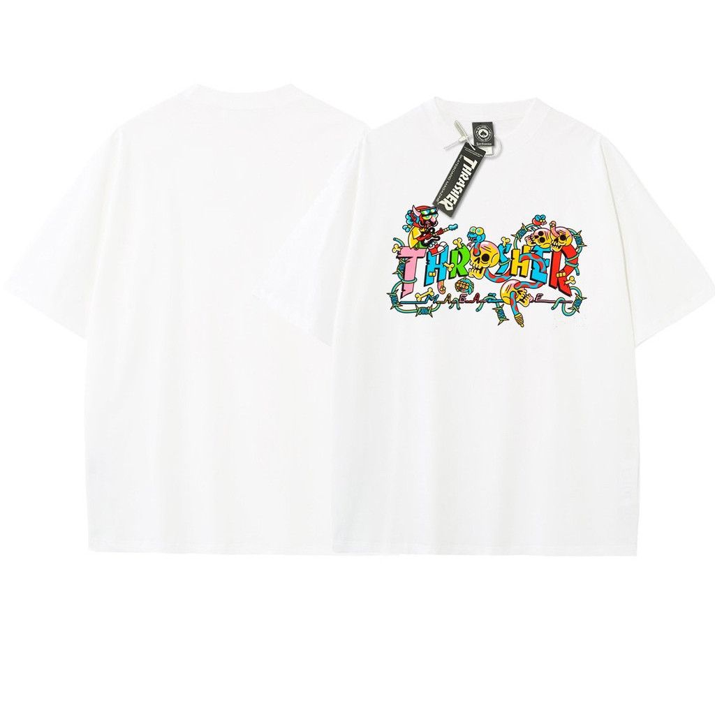 ผ้าฝ้าย 100% Street Wear เปลวไฟรอบคอ Devil Sonata เสื้อยืดผู้ชายผู้หญิงสไตล์เดียวกัน All-Match พิมพ์