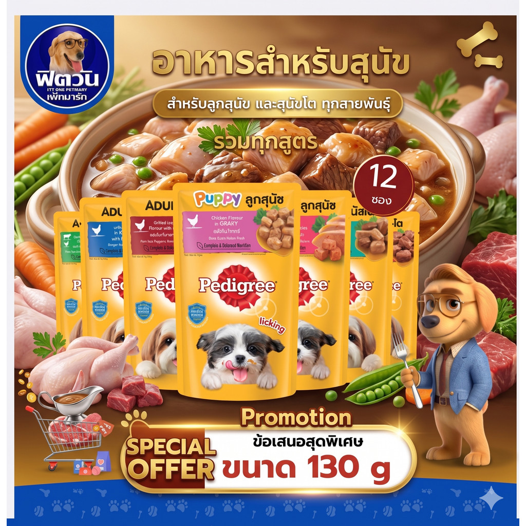 Pedigree อาหารเปียกสุนัขแบบซอง ขนาด 130กรัม**(X12ซอง)**{อาหารเปียกสุนัข}