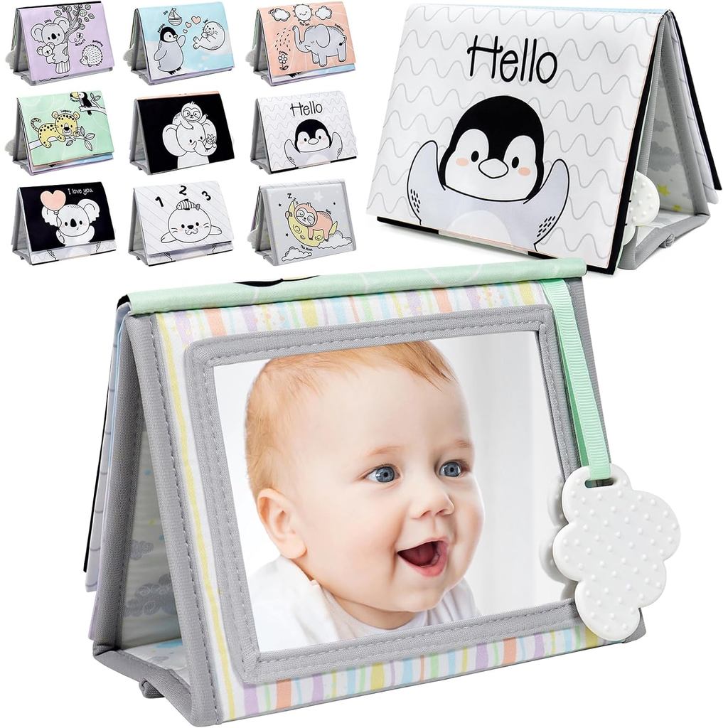 Dr.Rapeti Soft Tummy Time Book Baby Safe Mirror with Teether Crinkled Tummy Time Mirror High Contras
