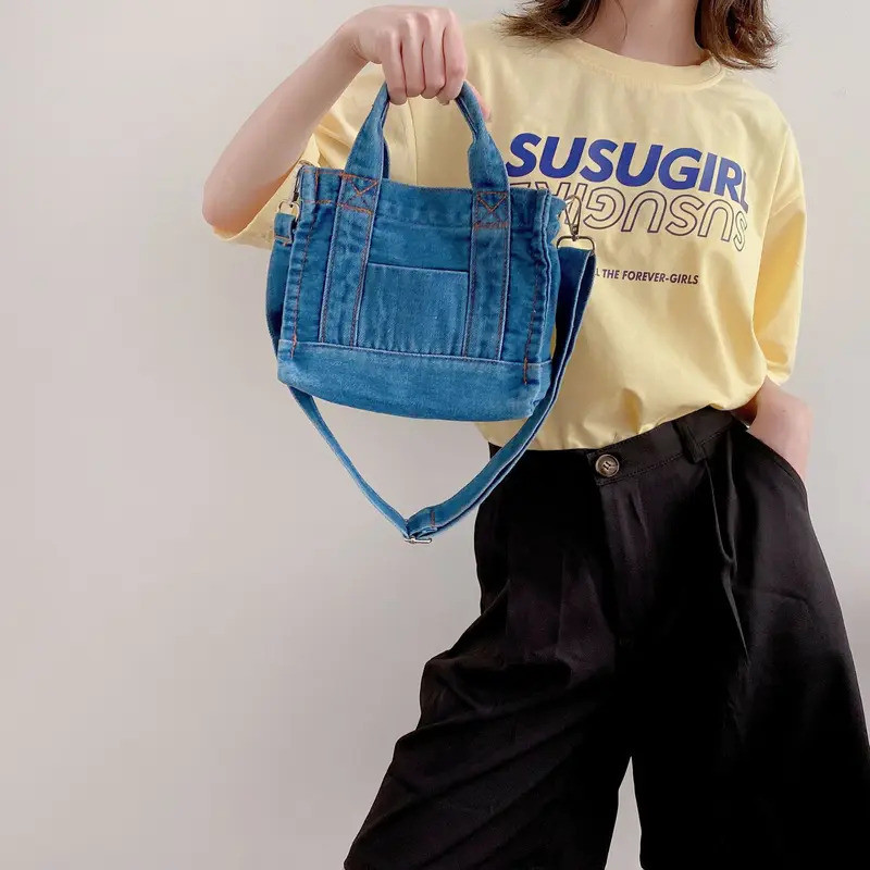 Denim bags for women, small blue canvas shoulder bags for girls, small casual tote bags with detacha