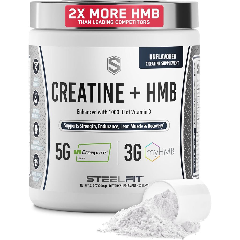 SteelFit Creatine HMB Powder - 5g Creapure Creatine Monohydrate Powder, 3g myHMB & 1000 IU Vitamin D