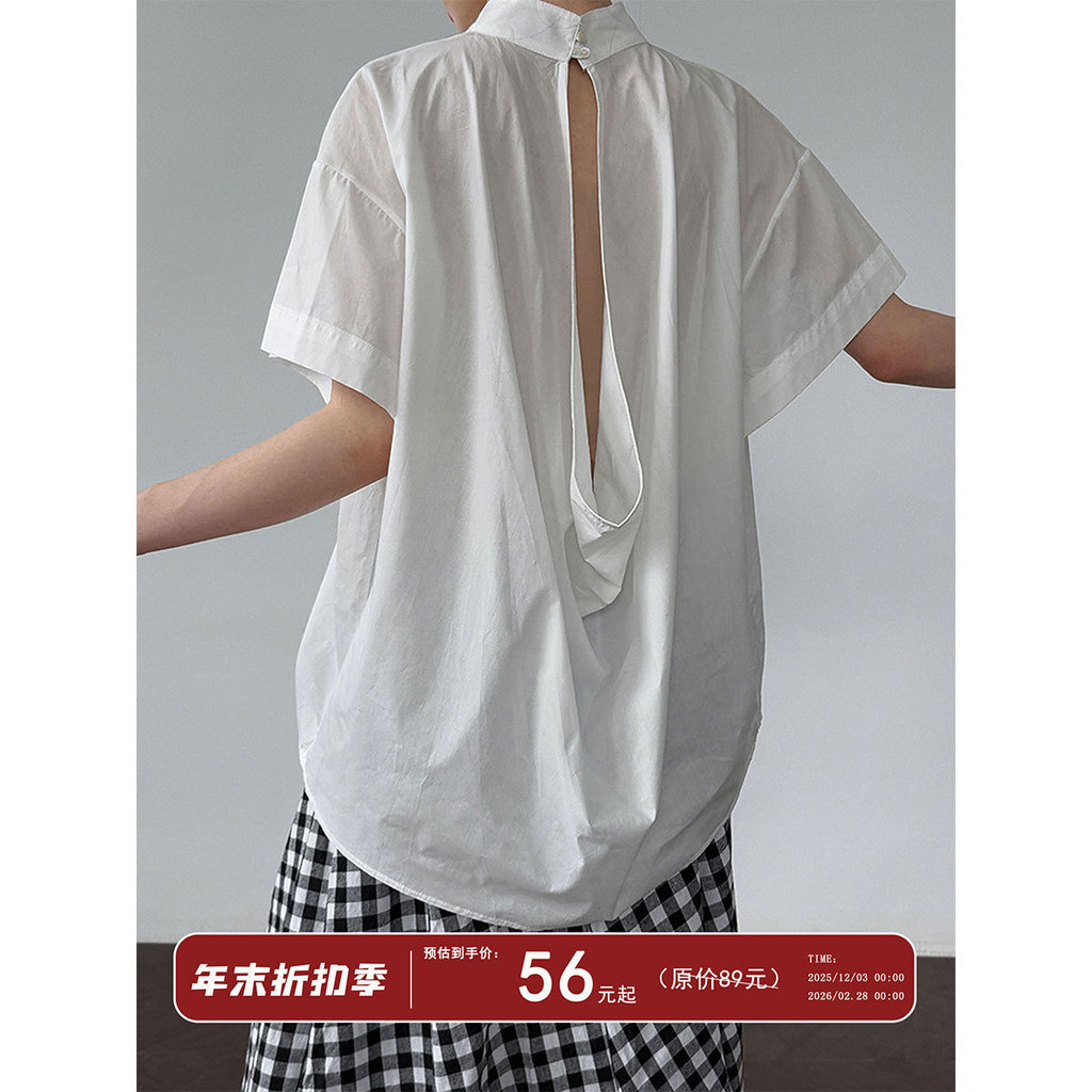 Luxi design niche back Hollowเสื้อผู้หญิงใหม่Li Serial Designเสื้อแขนสั้นผู้หญิงRetro Retro Retro Re