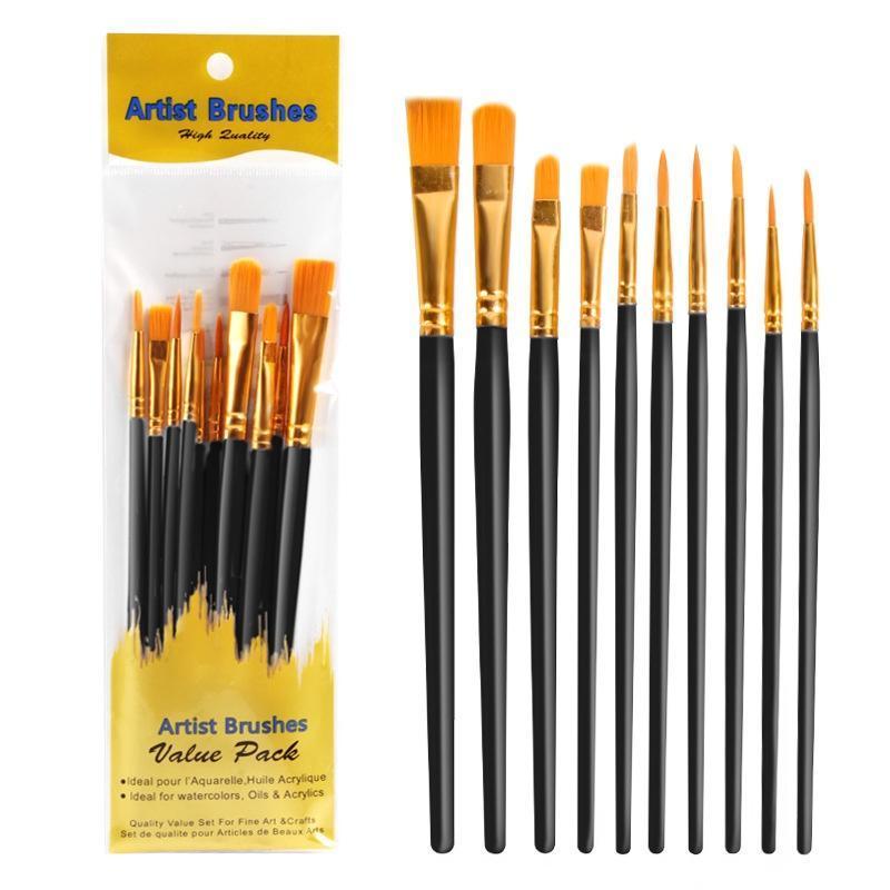 ชุดแปรงทาสีไนลอนสำหรับศิลปิน สีน้ำ และสีอะคริลิก 10 ชิ้น/ชุด แปรงทาสีด้ามไม้ ขนแปรงทำจากอลูมิเนียม อุปกรณ์วาดภาพ