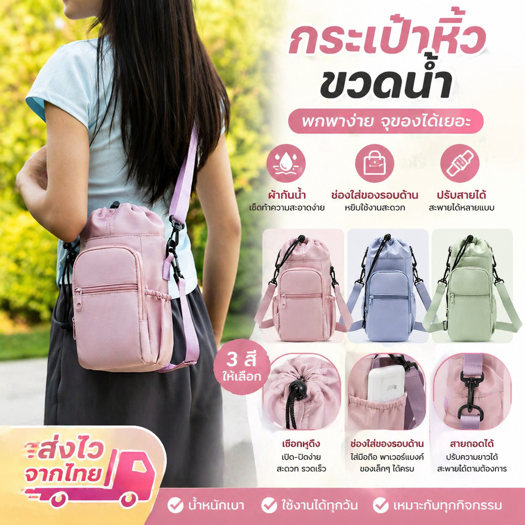 กระเป๋าหิ้วขวดน้ำ กระเป๋าสะพายขวดน้ำ 800-1000ML เนื้อไนล่อน มีสายสะพายไหล่ปรับระดับได้ สามารถโหลดโทรศัพท์มือถือ