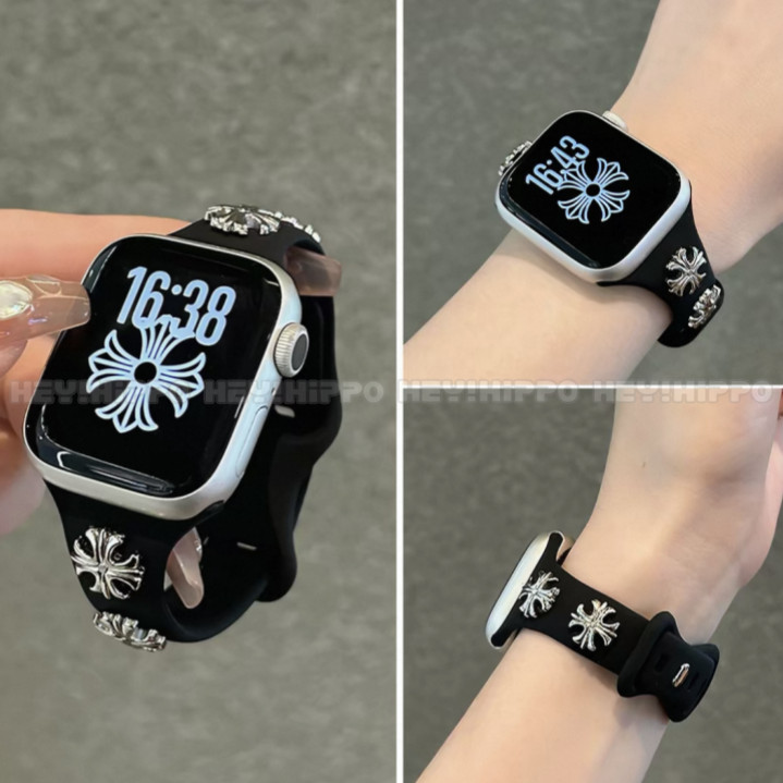 สายรัดตกแต่งหมุดย้ําเหมาะสําหรับ iWatch49/46/45/44/42/41/40/38 มม. สายซิลิโคนเหมาะสําหรับ iWatch11/10/9/8/7/6/5/6/5/4/3/2/1
