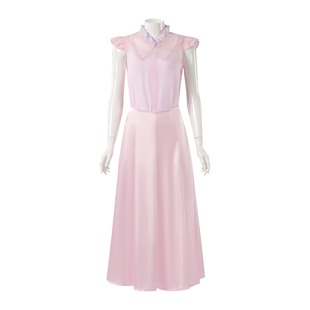 Halloween costume cosplay of the evil witch Glinda, vintage style, waist-cinching pink dress, perfor