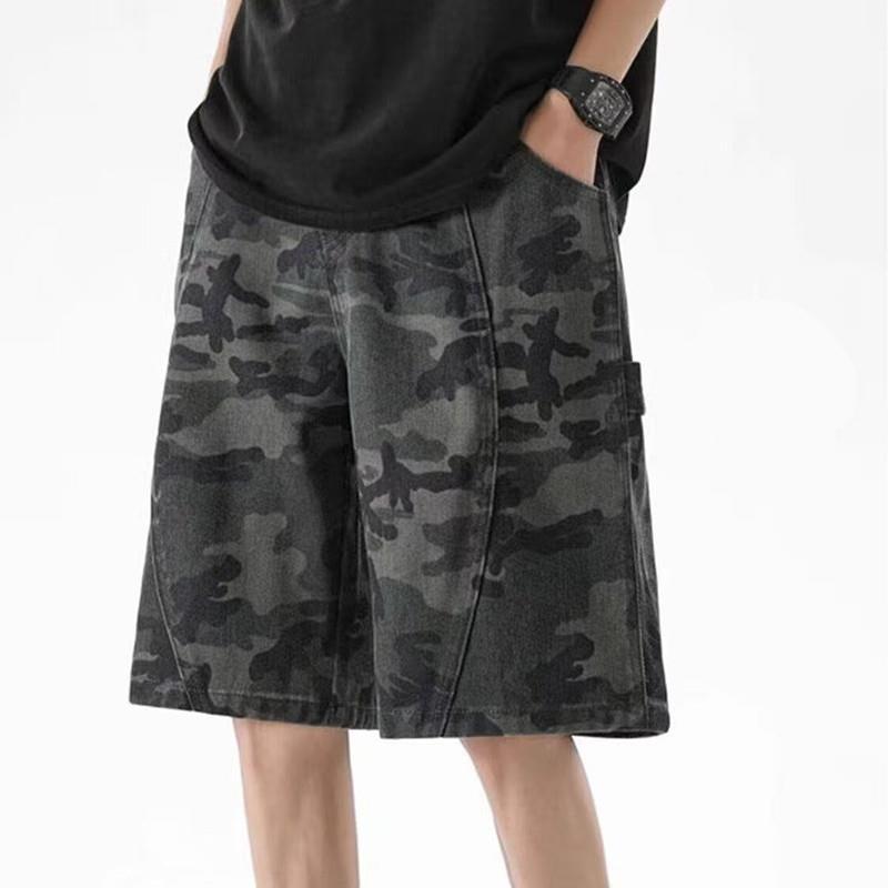 American vibe High Street Washed Camouflage Overalls Shorts Men Street Wear Loose Straight Five-poin
