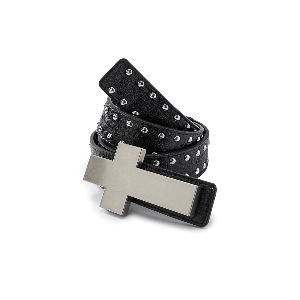 REBEL WAVE25FW╋< Burst Crack Stud Cross Belt เข็มขัดหนังแท้สไตล์เอเชียวัฒนธรรม