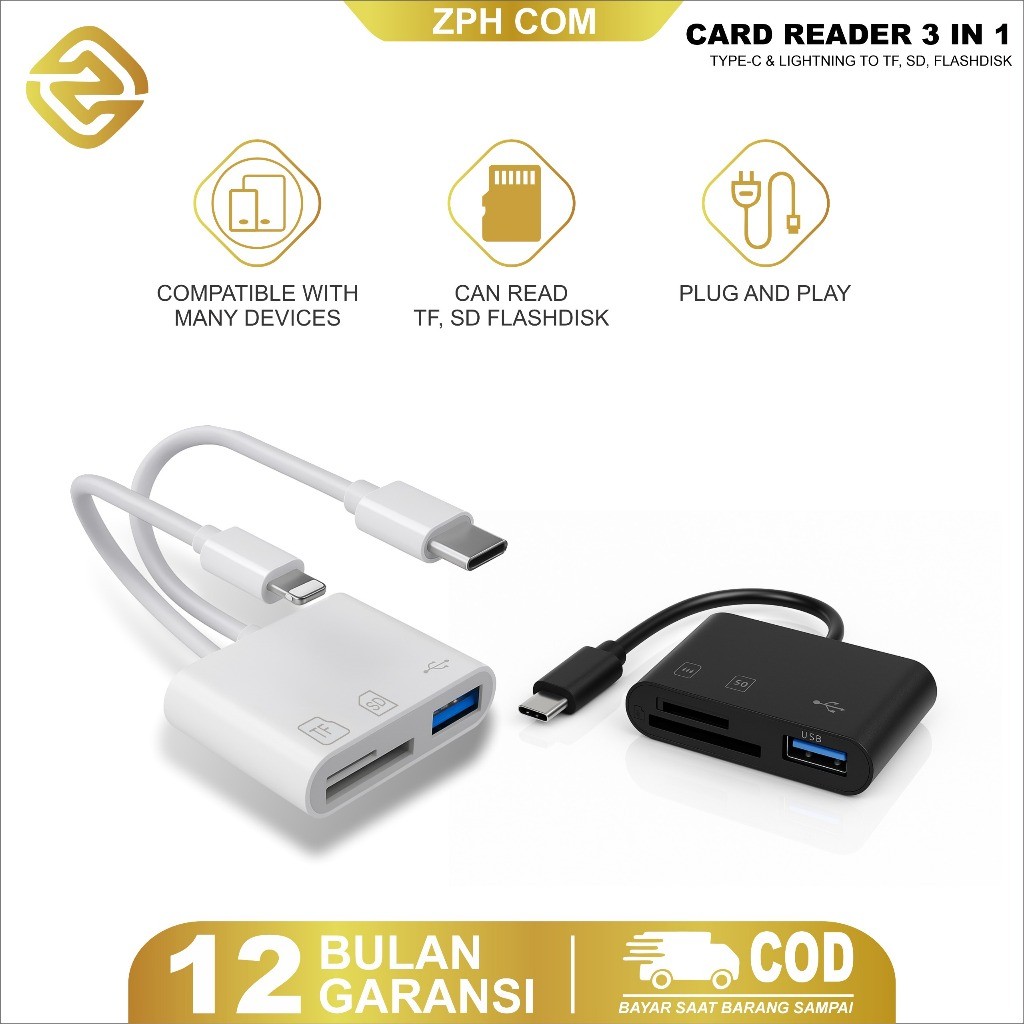 Pdka - เครื่องอ่านการ์ด 3in1 OTG HUB Micro USB และ Type C - Lightning - USB Flashdisk - การ์ด SD - ก