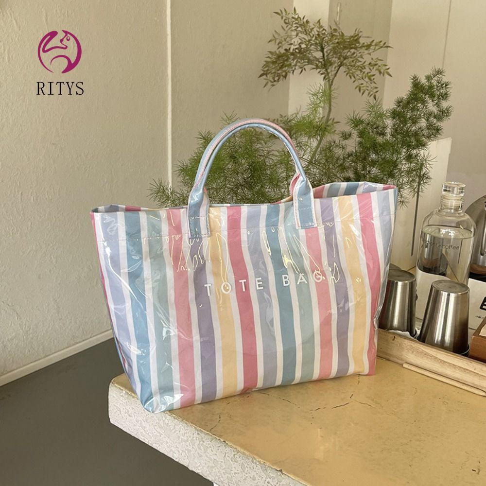 RITYS PVC Striped Tote Bag,กันน้ําลายถุงเยลลี่ใส,แฟชั่นพิมพ์กระเป๋าสะพายขนาดใหญ่ความจุพิมพ์กระเป๋าถือกระเป๋า