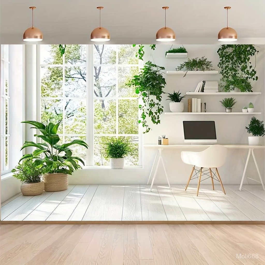 2D Flat, 1-Pack Realistic White & Green Window Backdrop with Miniature Potted Plants - 2D Photograph