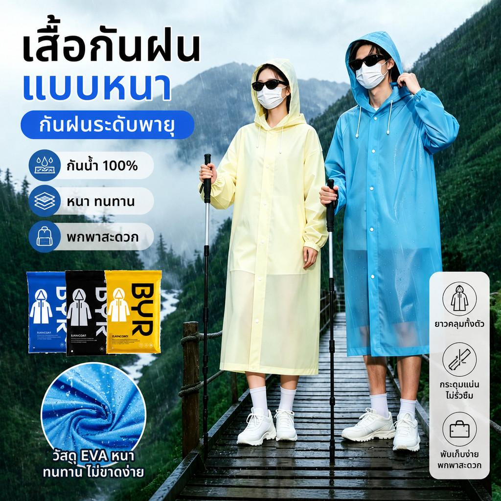 เสื้อกันฝน EVA เสื้อกันฝน ผู้ใหญ่ ชุดกันฝน ขี่ มอเตอร์ไซค์ ทนและมีน้ำหนัพับเก็บง่าย กันน้ำ100% แบบพกพา ใช้แล้วทิ้ง
