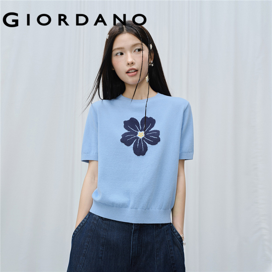 GIORDANO WOMEN 100% cotton flower jacquard short sleeve knitwear 18356707