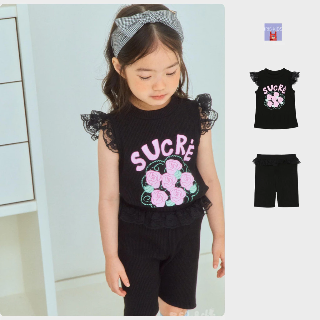 【พร้อมส่ง】「สินค้าลิขสิทธิ์แท้」IRIS KIDS BEBEBE 26ss IKS260415 Sucre Rose shirt/short เสื้อผ้าเด็ก สีดำลายกุหลาบ น่ารักสไ