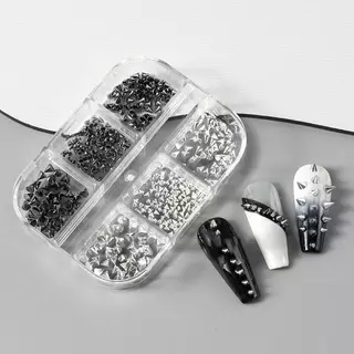 HANHAI 6 กริด Y2K Punk โลหะ Rivet เล็บ Charms กรวยผสม Sized Bla เงินเล็บ Studs 3D สไตล์โลหะผสม Spike สําหรับ DIY เล็บตกแต่ง TH