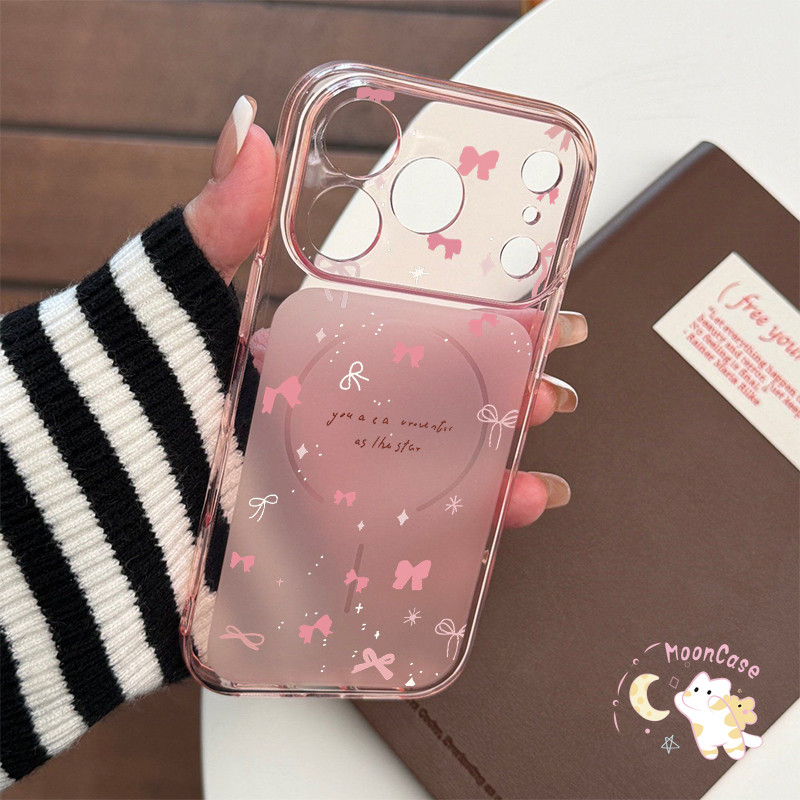 เหมาะสำหรับ IPhone 16 15 17 12 11 14 13 Pro Max 15 Plus Air เคสโทรศัพท์แบบกึ่งโปร่งแสงมีลายโบว์สีชมพูหลายอันอยู่ด้านหลัง