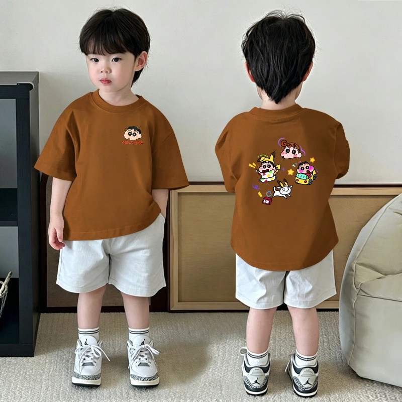 เสื้อแขนสั้นสำหรับเด็กผู้ชาย ลายการ์ตูนชินจิจากเรื่องเครยอน คอทรงกลม ทันสมัยและใช้งานได้หลากหลาย