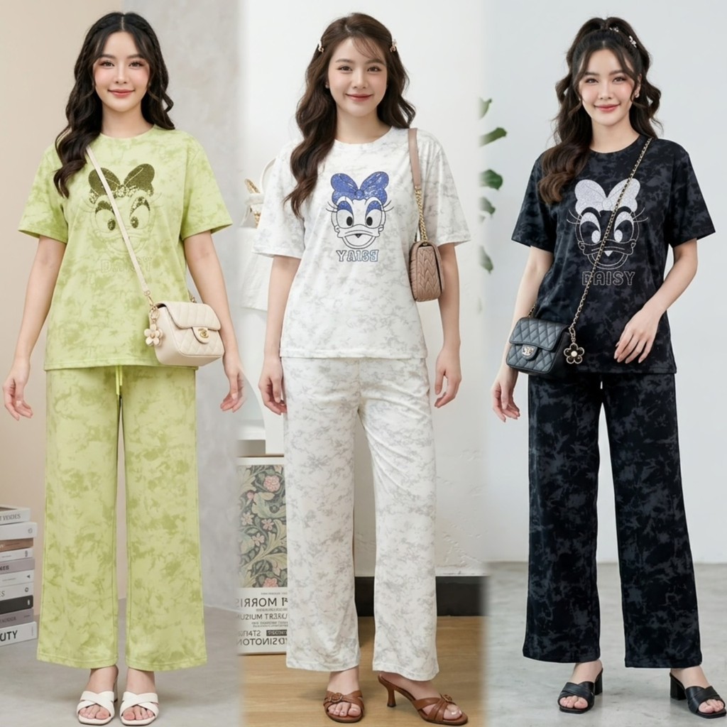 DTXmarket No.C3662 ชุดเซ็ท2ชิ้น เสื้อ+กางเกงมีกระเป๋าข้าง ผ้ายืดใส่สบาย ลายเป็ดโบว์ เสื้อผ้าแฟชั่น