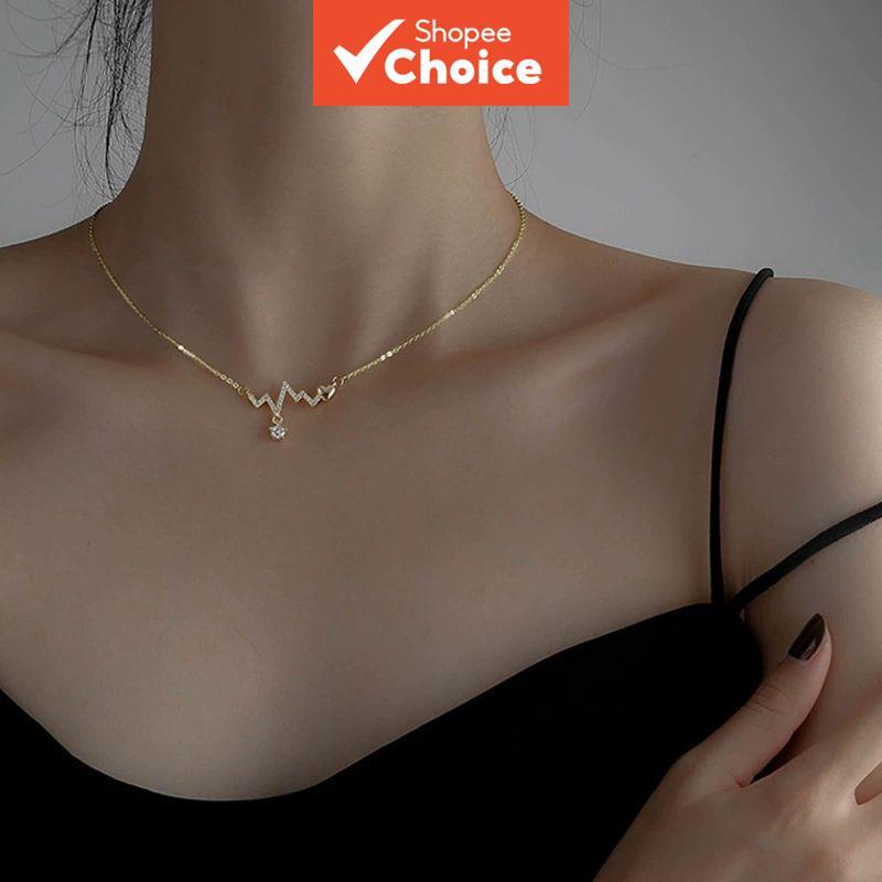 แฟชั่น Ecg Love Beat จี้สร้อยคอยาวสําหรับผู้หญิงพร้อม Rhinestones, Minimalist Lockbone Chain