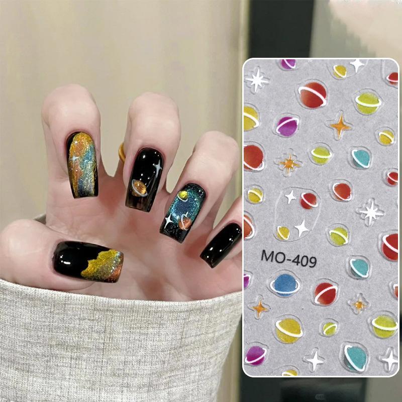 DSTH 3D สี Planet เล็บ Stier Cosmic Starlight สไตล์เล็บ Decal Self-Adhesive Slider สําหรับ DIY เล็บออกแบบตกแต่งร้อน
