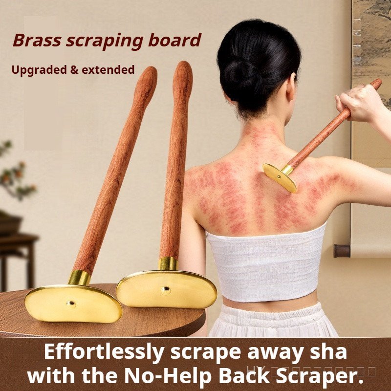 ทองเหลืองบริสุทธิ์ Tai Chi Gua Sha Scraping Board ขยาย Rosewood Handle - Full Body Meridian เครื่องมือนวดสําหรับกลับ, ไหล่และขา, TCM Cupping & Acupressure Relief
