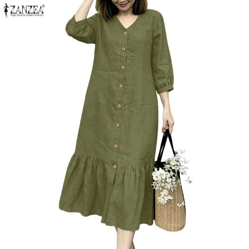 ZANZEA เสื้อเชิ้ตผู้หญิงเกาหลีทุกวันปกปุ่มลงสามไตรมาสแขน Ruffled Hem ชุดเดรสสีทึบ