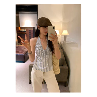 Rosie🎐 พร้อมส่ง💗เสื้อผู้หญิงสายเดี่ยวคล้องคอ ผ้าลินินคอว์ ผูกโบว์หลัง ทรงรัดรูปคอรอป ดูหุ่นเพรียวสวย