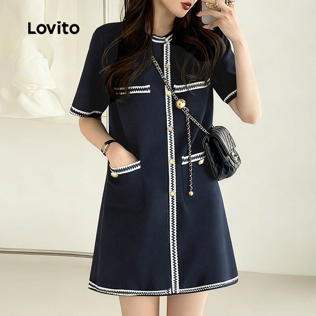 Lovito เดรสลำลองใส่ได้ทุกวัน ทำงาน ท่องเที่ยว มีกระดุม สีตัดกัน มีกระเป๋า สีน้ำเงินเข้ม สำหรับผู้หญิง ฤดูใบไม้ผลิ/ฤดูร้อน LK3AD383