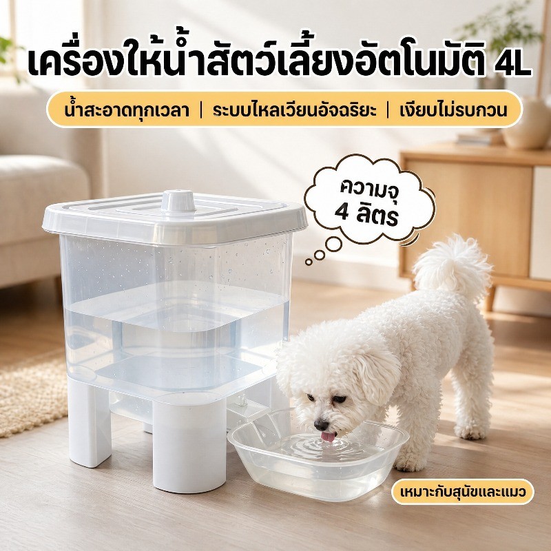 ถังดื่มสัตว์เลี้ยง 4L จ่ายน้ำตามแรงโน้มถ่วง มีน้ำหนักหนาแน่น เครื่องจ่ายน้ำแมว ถอดทำความสะอาดง่าย