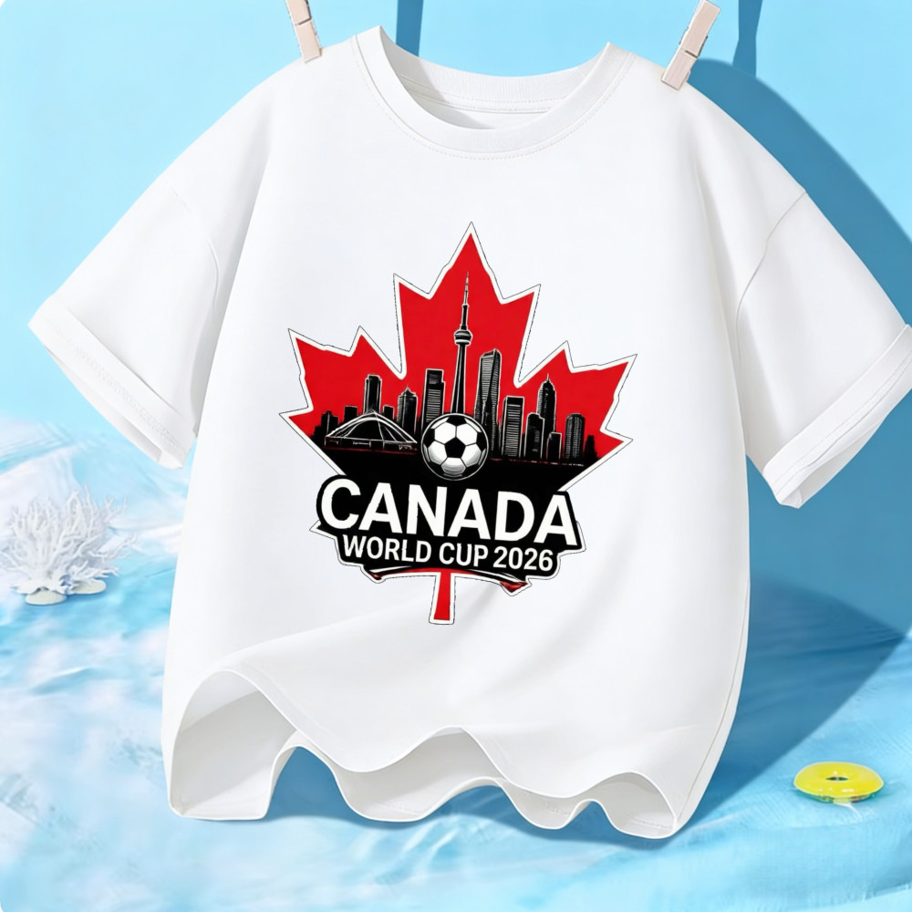 Canada World Cup 2026 Maple Leaf Soccer Design Ready Stock เสื้อยืดเด็กผ้าฝ้าย 100% คอกลมแฟชั่น Tshi