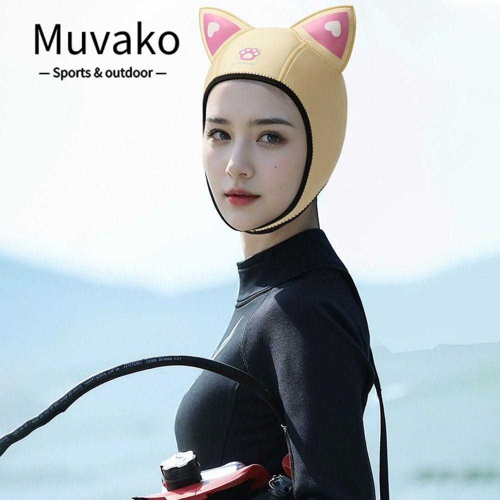 MUVAKO Wetsuit Hood Cap, สายรัดคาง 3MM Cat Ears Diving Hood, ครีมกันแดดการ์ตูนกันน้ําว่ายน้ําดําน้ํา