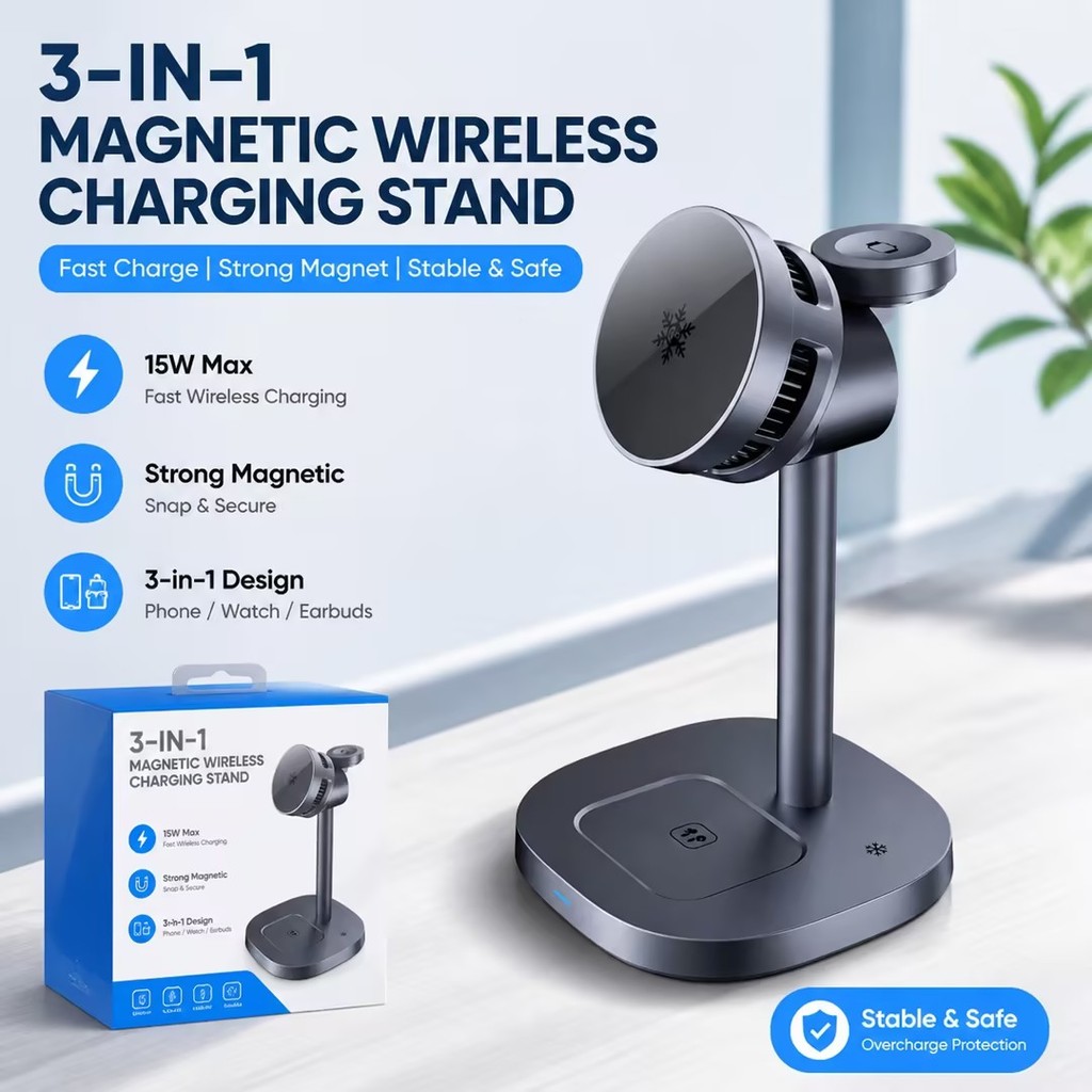 2026 3 IN 1 Magnetic Wireless Charger Stand TEC Cooling Qi2 Fast Charging สําหรับ iPhone 17 16 15 Pro Max นาฬิกา 2-8 SE Airpods