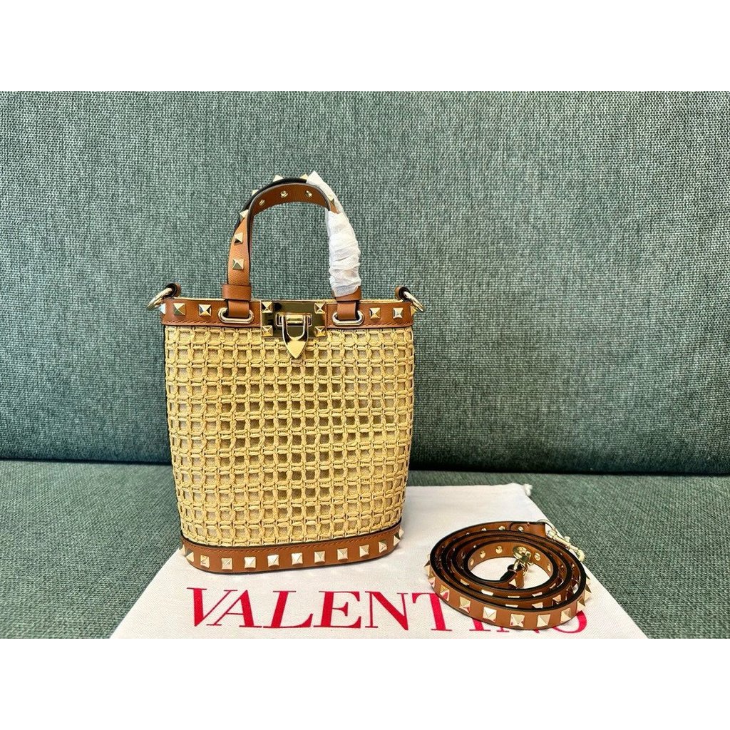 Raffia กระเป๋าถังขนาดเล็ก Valentino Valentino Valentino French Fries กระเป๋ากระเป๋าถือCrossbodyกระเป