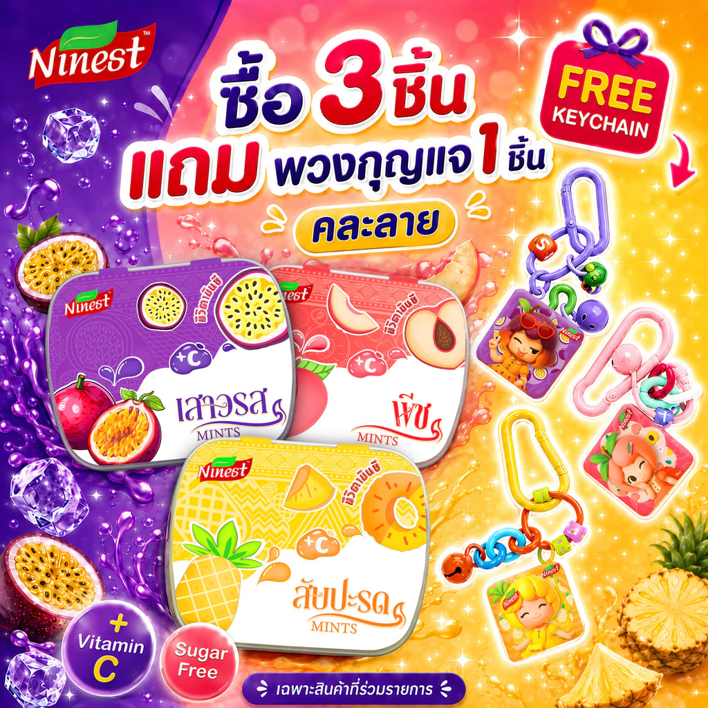 (Live Only) Ninest ลูกอมมิ้นต์ วิตามินซี ไร้น้ำตาล กรัม อร่อย สดชื่น ลูกอมดับมิ้นรสผล Cooling Mint 3 ชิ้น แถม 1 พวง
