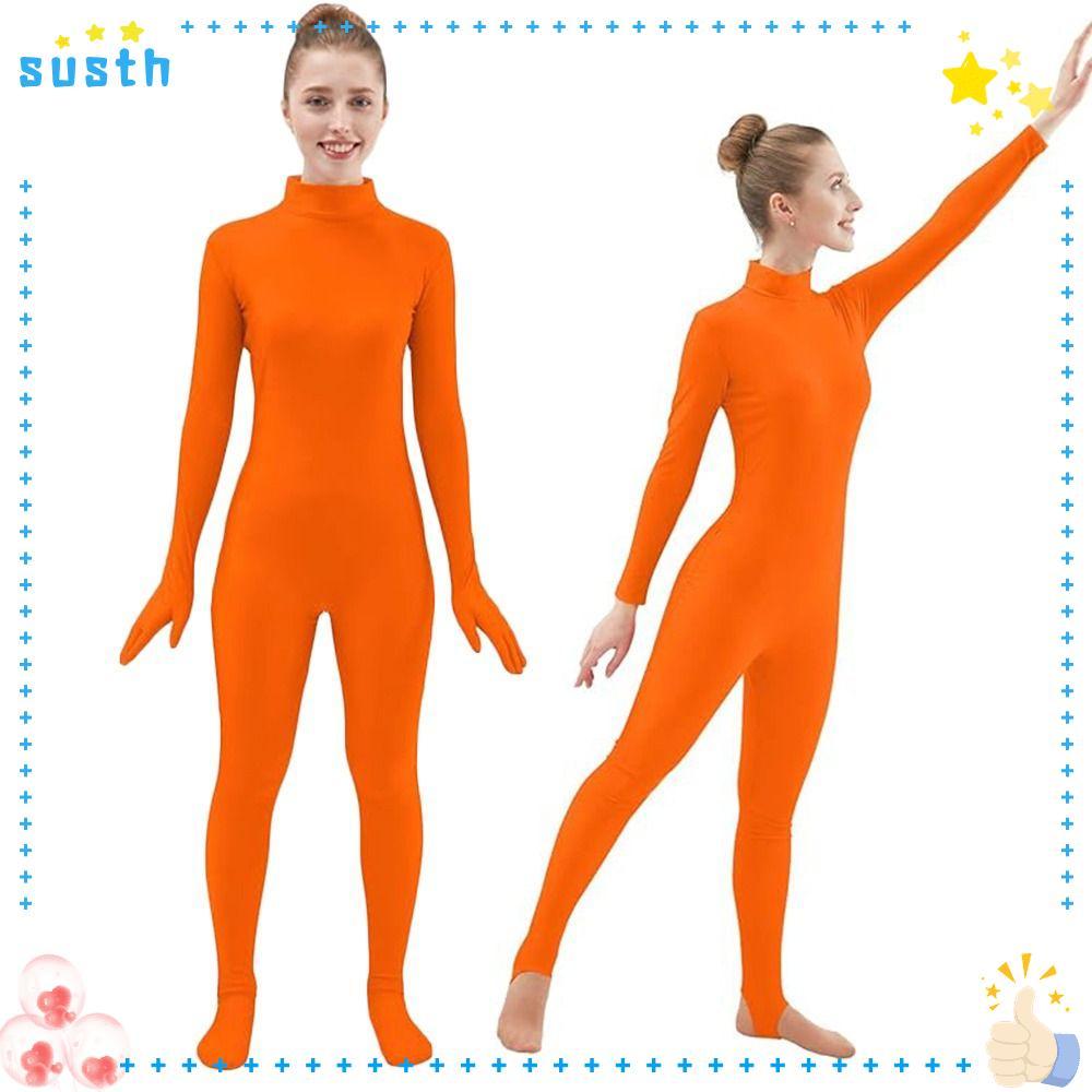 SUSTH ผู้หญิง Zentai Jumpsuit, Spandex แน่นที่มองไม่เห็น BodySuit, แฟชั่น Casual สีส้มสีทึบที่มองไม่