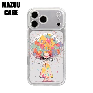 เคสไอโฟน แม่เหล็กใส TPU ครอบเลนส์เต็มตัว ลายเด็กสาวถือช่อดอกไม้สีสัน iPhone 17 16 15 14 13 12 11 Pro Max Plus