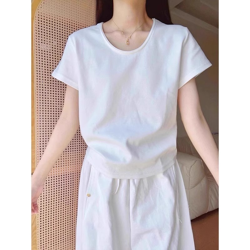 2026 สีขาว u-คอ Simple All-Match ผ้าฝ้ายแท้ด้านหน้าไหล่แขนสั้นเสื้อยืดผู้หญิง 2025 ฤดูร้อนสไตล์ใหม่ห