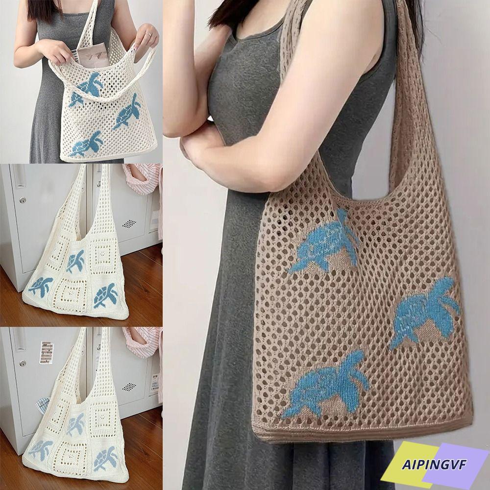 AIPINGVF กระเป๋าสะพายถัก, ถักการ์ตูนเต่า Tote, Casual Beige สีน้ําตาลความจุขนาดใหญ่ Hollow Bucket Bag ผู้หญิง